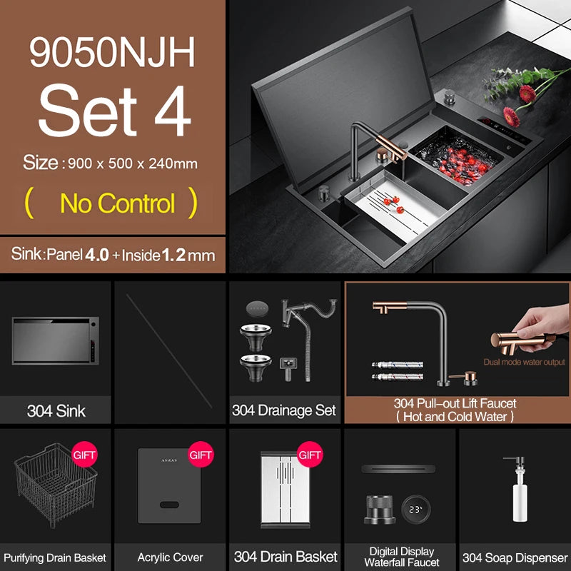 ASRAS Hidden Double Sinks Smart Purifying Kitchen Island Sinks Flip Cover Hidden 4mm Thickness Handmade kitchen Sinks