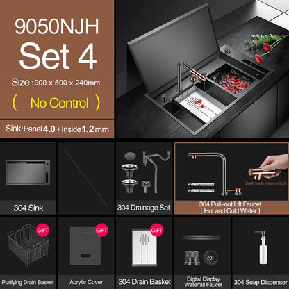 ASRAS Hidden Double Sinks Smart Purifying Kitchen Island Sinks Flip Cover Hidden 4mm Thickness Handmade kitchen Sinks