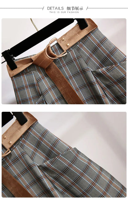 Plaid Vantage High Waist A-line Loose With Belt Pocket Women's Skirt Korean Fashion Mid-Calf Long Skirts For Women 2024 Spring.