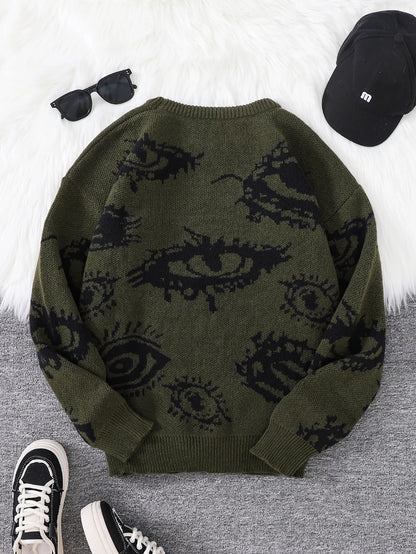 New Popular Autumn and Winter Abstract Eye Jacquard Pattern Pullover Sweater Casual Round Neck Knitted Men's Pullover.