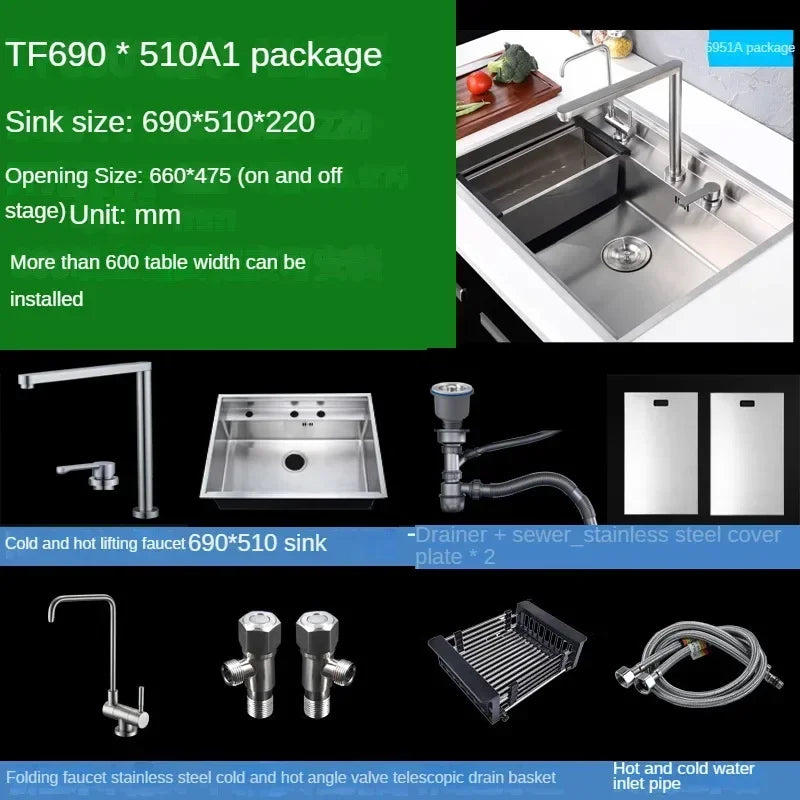 Hidden Stainless Steel Kitchen Sinks Modern Kitchen Accessories with Cover Kitchen Sink Dish Drainer Light Luxury Single Tank L