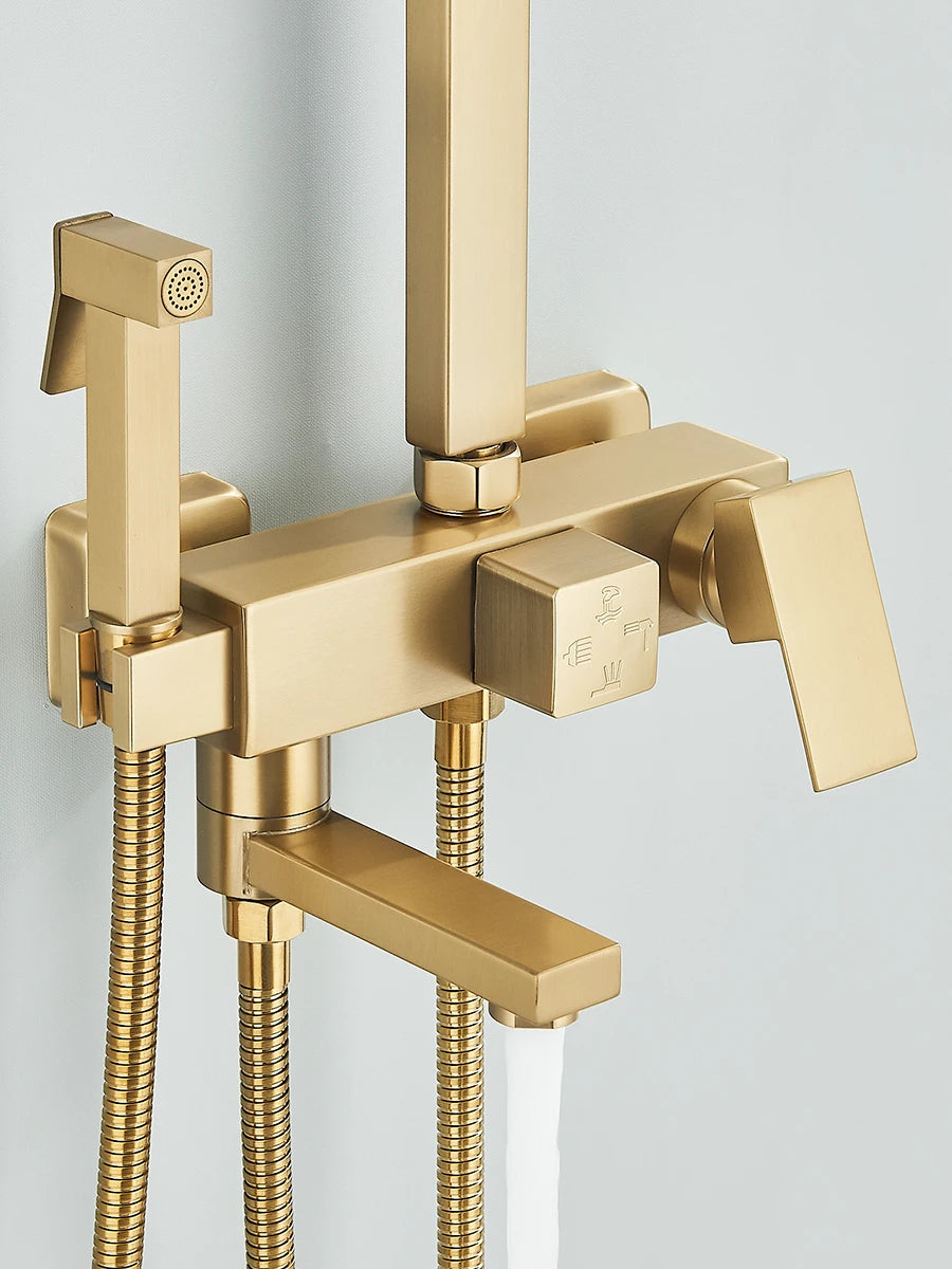 4 in 1 Gold Brushed Shower System Rainfall Shower Hot Cold Water Mixer With Bidet Faucet Bath Shower Faucet For Bathroom