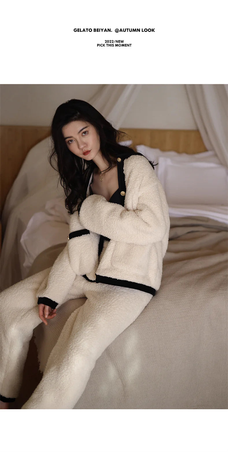 Winter Women Warm Fashion Pajama Sets Sweet   Elegant French Style Girlish Leisure Thicken Flannel Comfort Pajamas