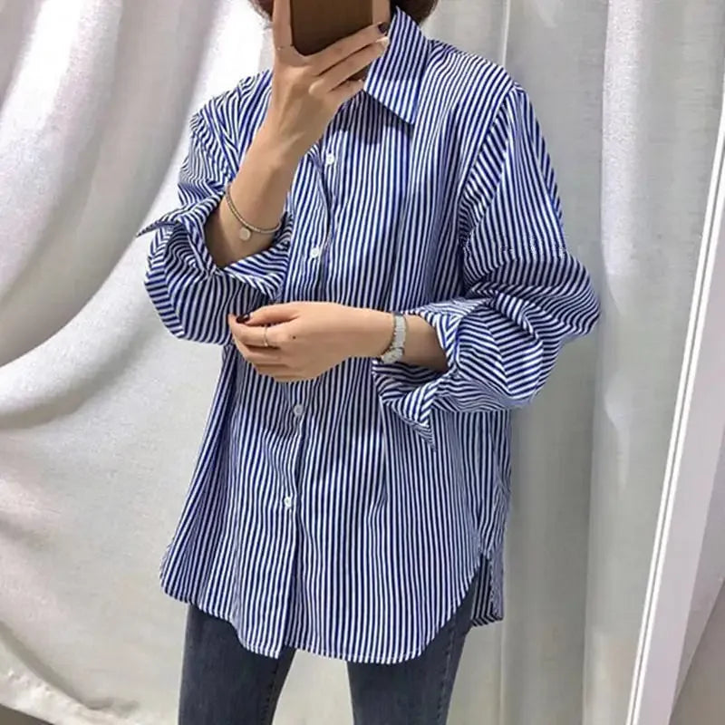 Women Shirt Blouse Blue Vertical Striped Shirt Women's Autumn Clothing Loose Long Sleeve Shirt Blusas Mujer.