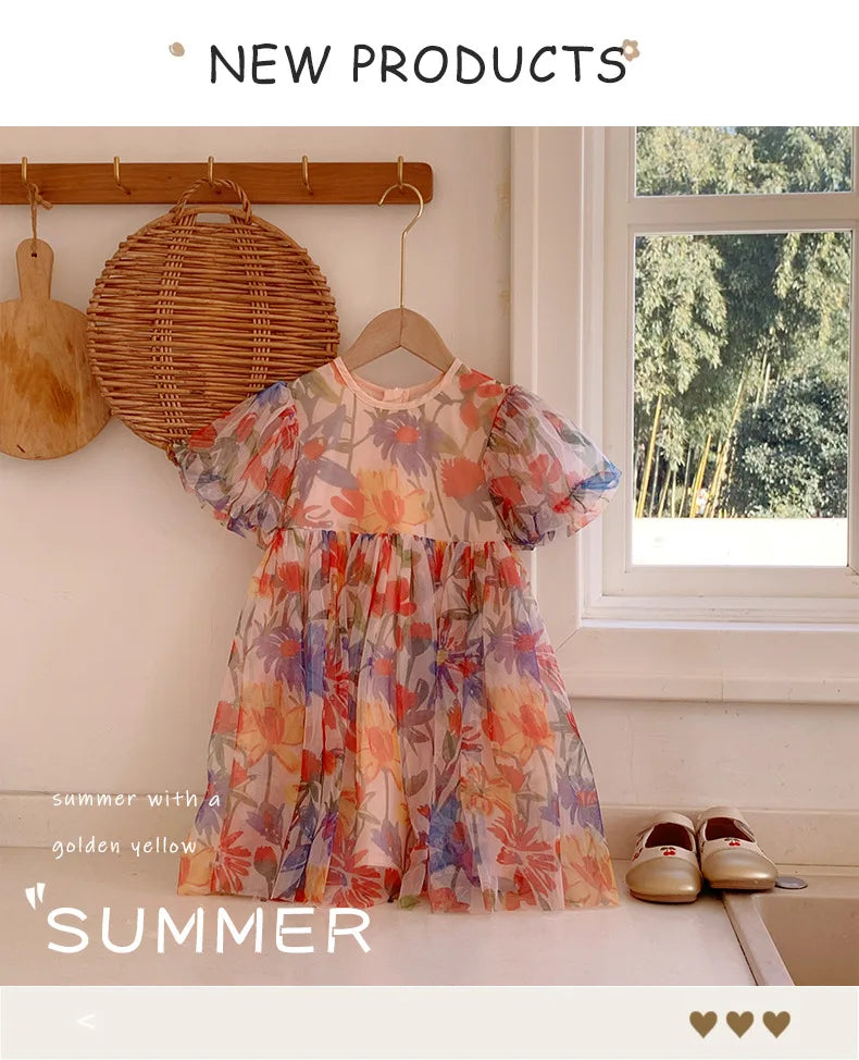 2023 sommer Kinder Kleidung Puff Sleeve Blumen Druck Kleid Für Mädchen Mesh Kinder Kleid für Mädchen.