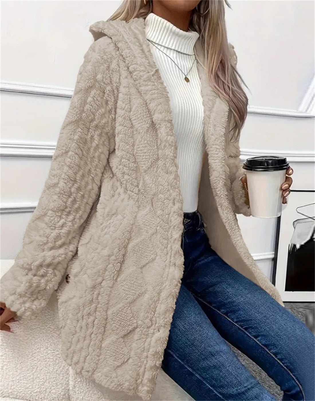 Women Cardigan Hoodie Jacket Autumn Winter Argyle Textured Pattern Hooded Irregular Hem Buttons Fleece Oversized Outerwear Coat