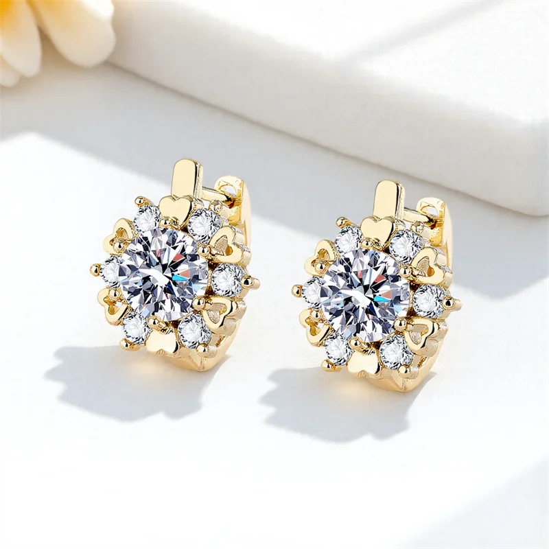 Luxury Crystal Round Stone Snowflake Hoop Earrings For Women Gold Silver Color White Zircon Tiny Ear Buckle Wedding Jewelry Gift.