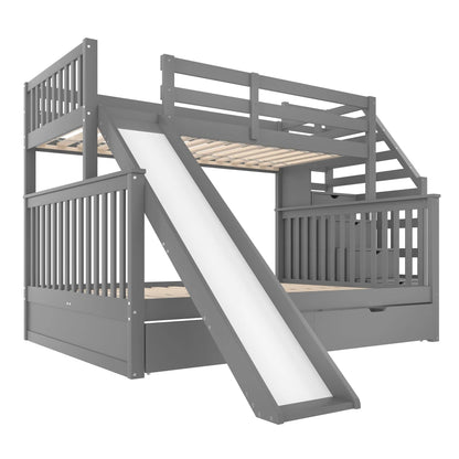 Etagenbett 90 x 200 über 140 x 200 mit Schubladen, Stauraum und Rutsche, multifunktional, Grau (ohne Matratze)