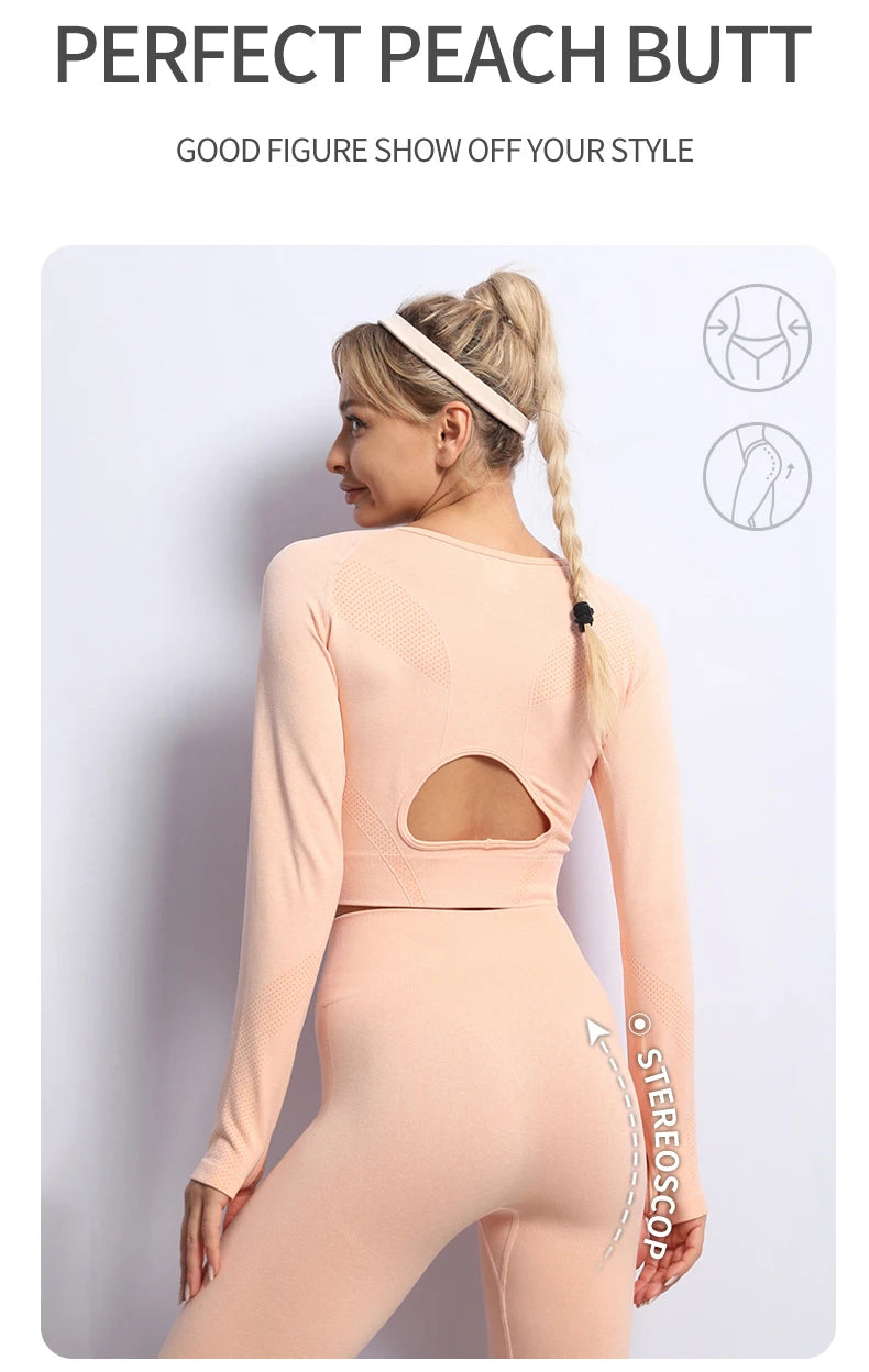 Women Yoga 2 Pieces Workout Outfits Seamless High Waist Leggings Sports Crop Top Running Clothes Sets.