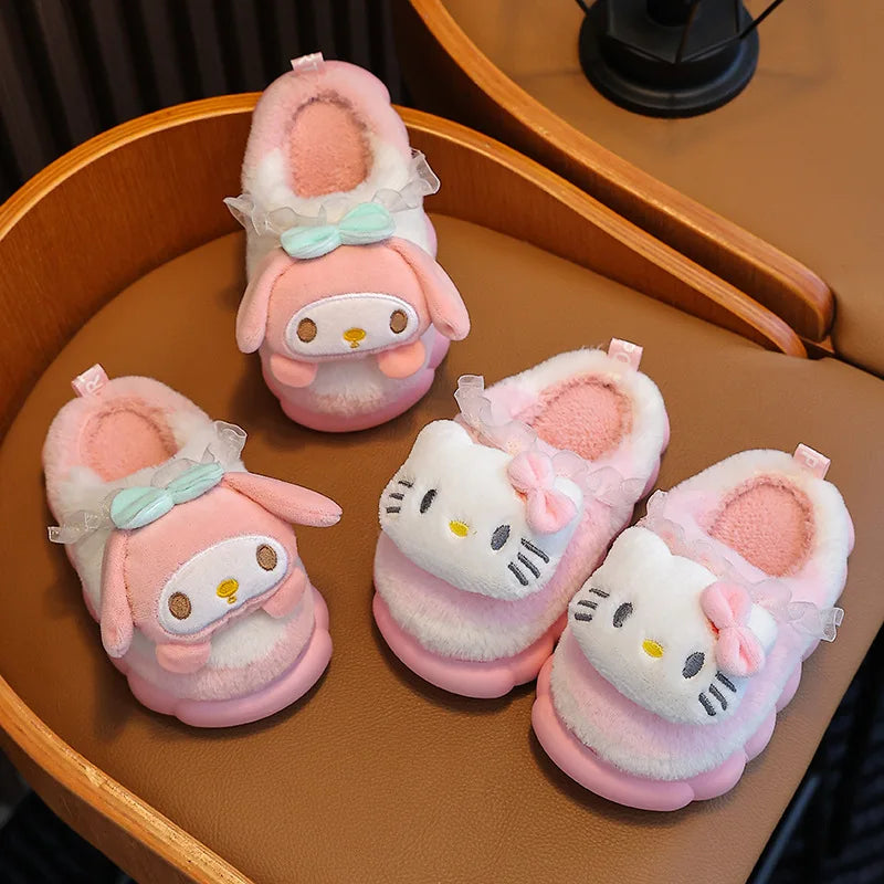 Sweet Family Winter Warm Slippers Cute Kawaii Sandals Kuromi My Melody Hello Kitty Soft Sole Shoes.