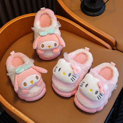 Sweet Family Winter Warm Slippers Cute Kawaii Sandals Kuromi My Melody Hello Kitty Soft Sole Shoes.