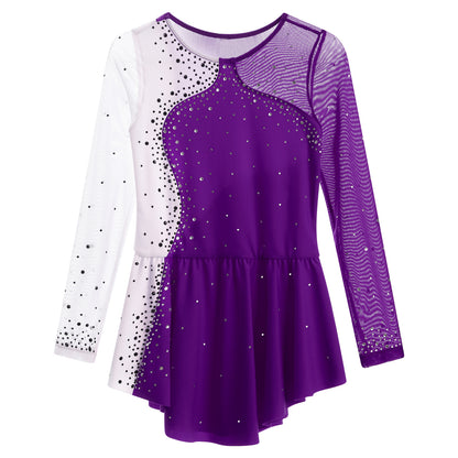 6-16Y Mädchen Eiskunstlauf Tanz Kleid Ballett Gymnastik Trikot Langarm Shiny Strass Sheer Mesh Leistung Dancewear