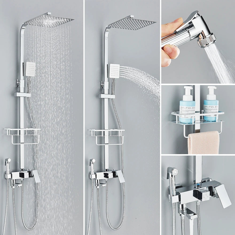 Rainfall Bathroom Shower Faucet Kit With Bidet Wall Mounted Stainless Steel Hot Cold Water Mixer Tap System With Rack,Tub Spout