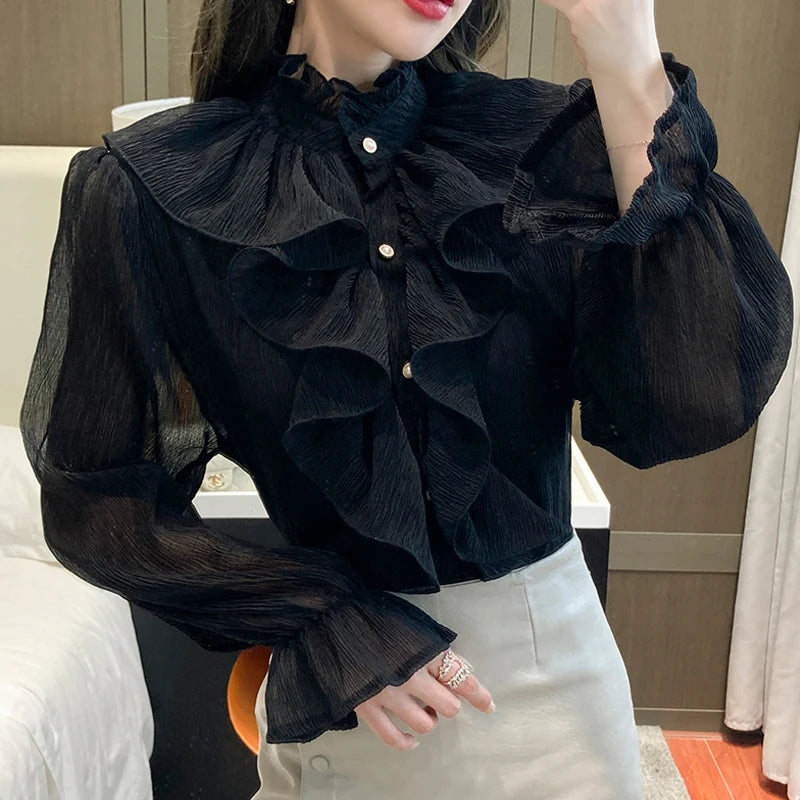 Autumn Vintage Ruffles Clothes Lace Blouse Women Spring Stand Collar White Chiffon Shirt Long Puff Sleeve Loose Tops Elegant.