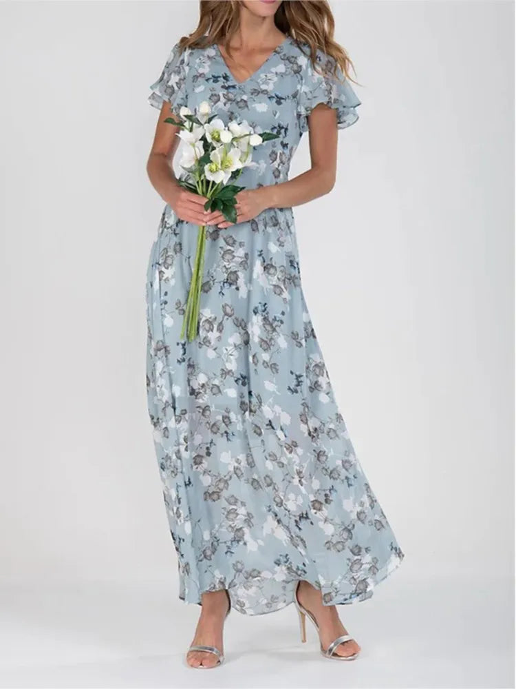 Frauen Elegante Blume Langes Kleid Casual Rüschen Kurzarm V-ausschnitt Spitze-up Party Kleider 2025, Boho Stil Hohe taille Kleid Weibliche.