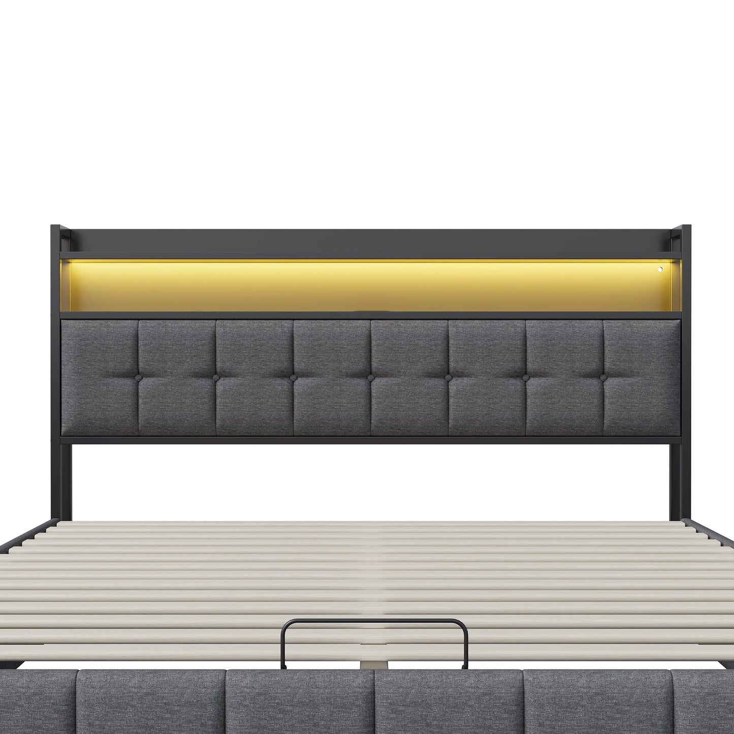 Rosahqnda Doppelbett 160 x 200 cm, mit Steckdose und LED, Kopfteil mit Stauraum und hydraulischem Stauraum, Schlafzimmer für Teenager, Leinen/PU