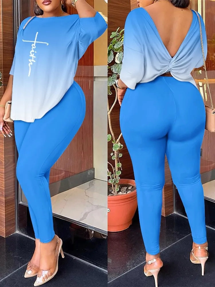 Autumn Women's Clothing New Fashion Print Sexy Backless Round Neck Five Quarter Sleeve Pants Two-piece Casual Comfortable Set.