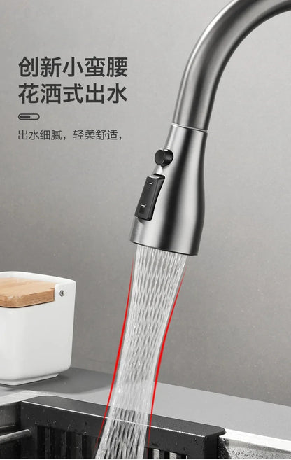 Kitchen faucet pull-out spray head 360 degree rotation hot and cold water pull-out black and silver single hole kitchen faucet