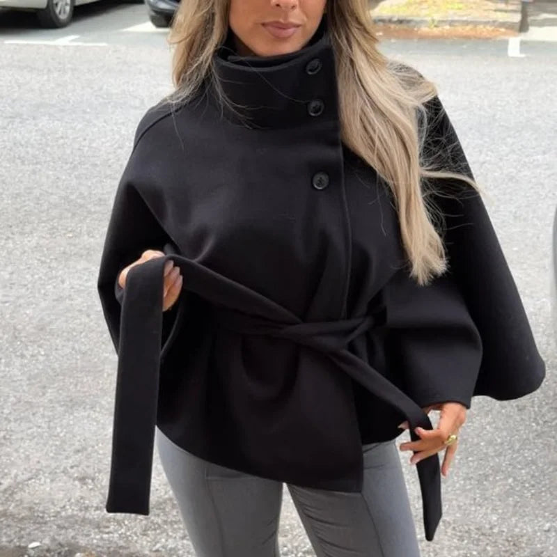 Straße Batwing Hülse Cape Gürtel Mäntel Frauen Lose Solide Stehkragen Einreiher Jacke 2025, Herbst Dame Alle-spiel chic Mantel.