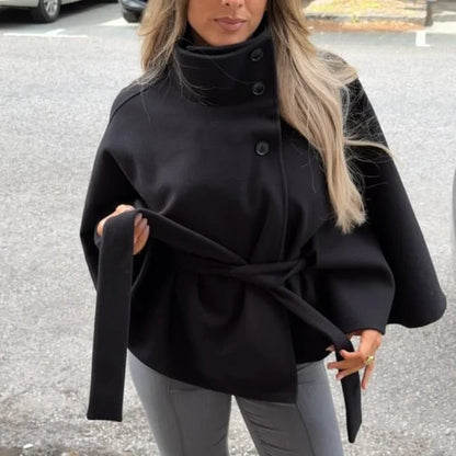 Straße Batwing Hülse Cape Gürtel Mäntel Frauen Lose Solide Stehkragen Einreiher Jacke 2025, Herbst Dame Alle-spiel chic Mantel.