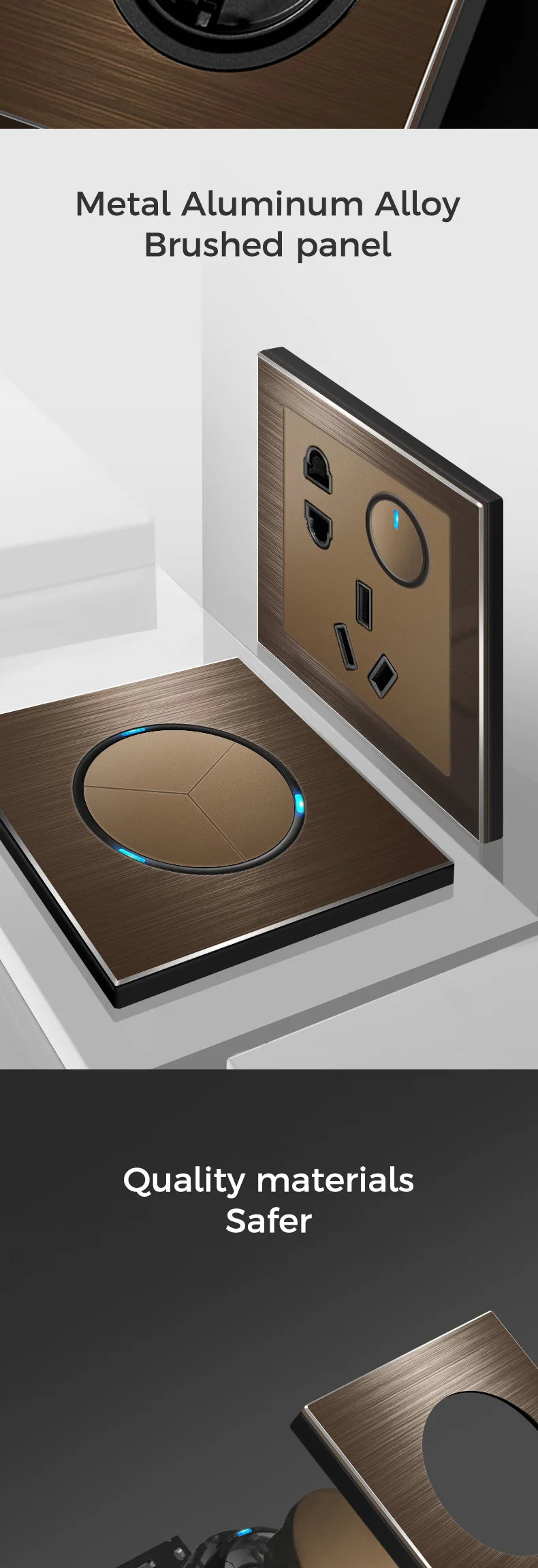 YINKA Schaltersteckdose, Aluminium, gebürstetes braunes Panel mit LED-Anzeige, EU-Steckdose, Schalttafel, elektrischer Lichtschalter, AC110–250 V, NET.