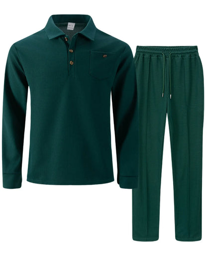 2025 Autumn New Style Waffle Pure Color Collar Pocket Long Sleeve Long Pants Casual Set.