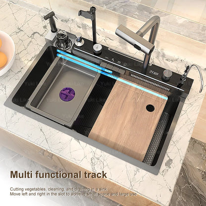 Stainless Steel Kitchen Sink Multifunctional Piano Button Waterfall Spout Faucet Digital Display Screen Dishwashing Basin