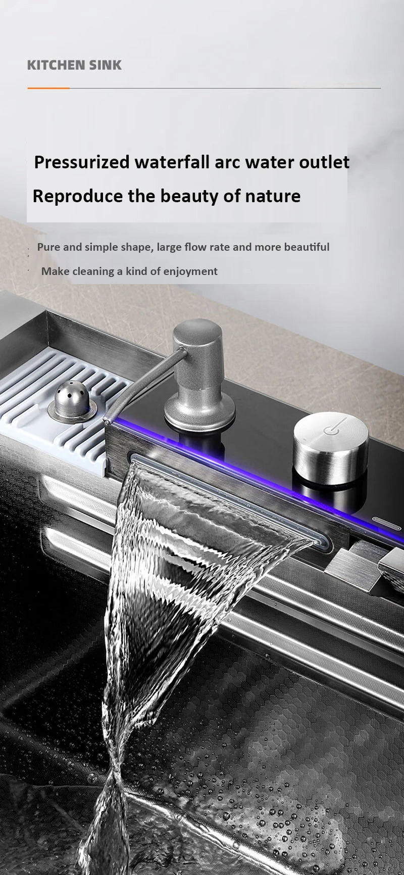 68x46cm Large Capacity Kitchen Sink Faucet Whale Waterfall Design Multifunctional Single Tank Home Appliance Fashionable