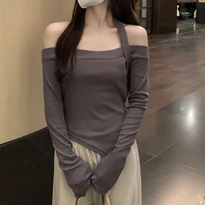 Female One Shoulder Long Sleeve Slim Fit Solid Color Top Suitable for Club Vacation Holiday and Daily Wear Across Seasons.