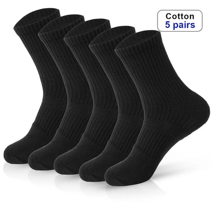 Mens Moisture Wicking Outdoor Hiking Work Cotton Socks Compression Cushion Crew Socks Leisure Men Black Socks 5 Pairs.