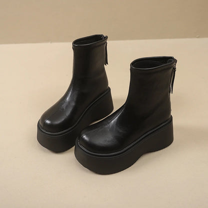 Autumn Winter Chunky Heel Women Short Boots Vintage Round Toe Platform Shoes Ladies Short Plush Gothic Ankle Booties