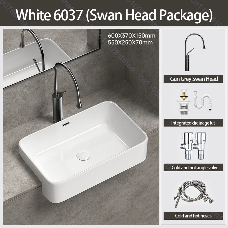 Porcelain Ceramic Vessel Sink with Drain Semi Recessed Vanity Art Sink Wash Basin Bowl for Modern Home Bathroom Decor Washbasin
