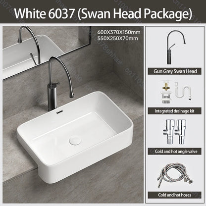 Porcelain Ceramic Vessel Sink with Drain Semi Recessed Vanity Art Sink Wash Basin Bowl for Modern Home Bathroom Decor Washbasin