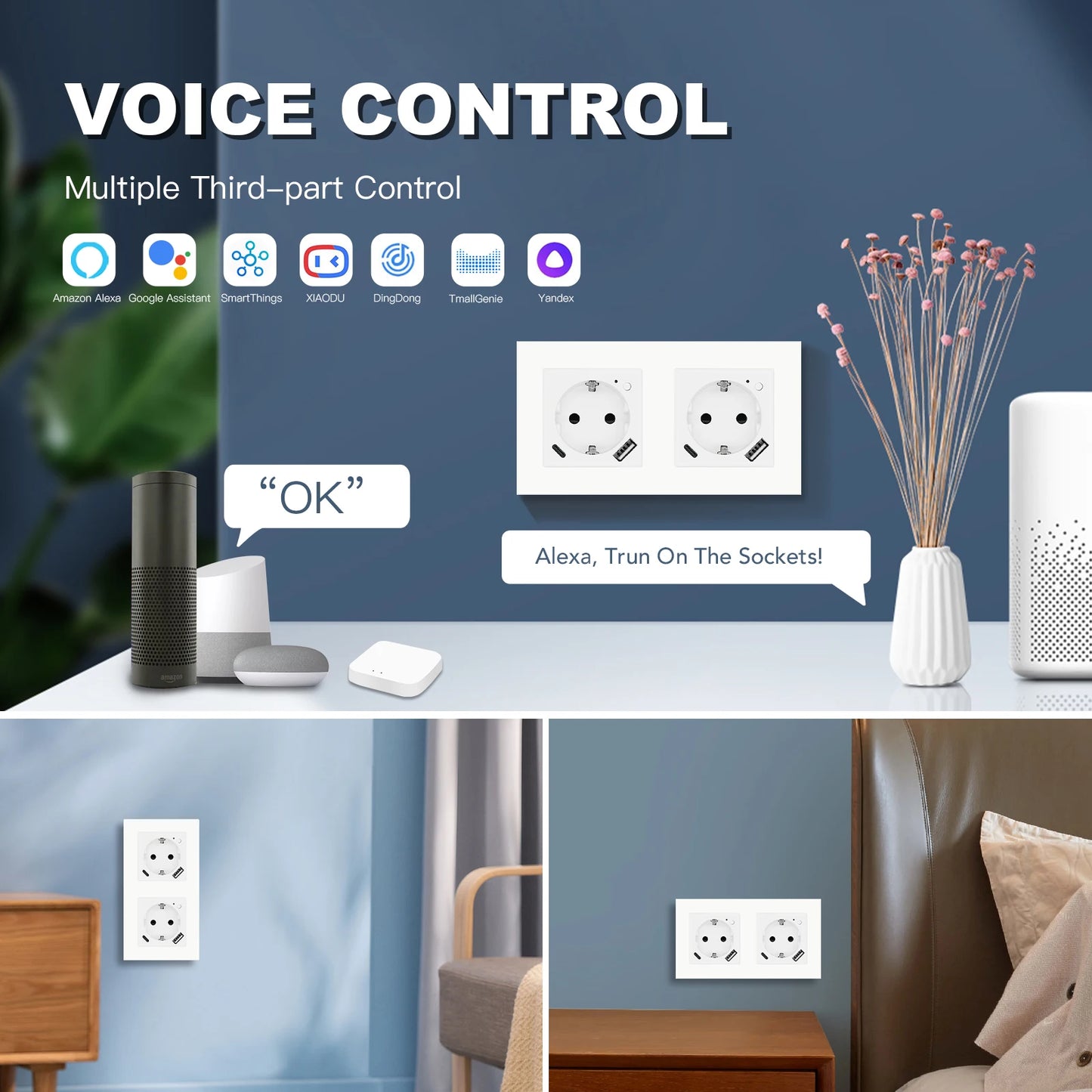 BSEED Zigbee Smart AC Steckdose EU Steckdosen mit USB Typ-c Schnellladeanschlüssen Tuya Smart Life Alexa App Kunststoffrahmen Weiß.