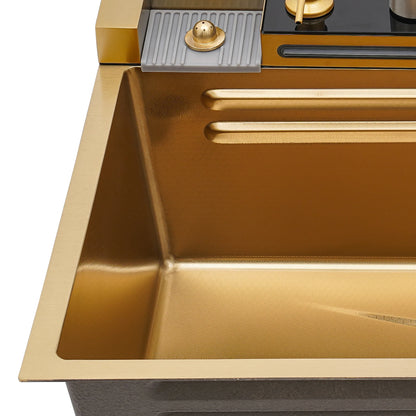 Wasserfall-Küchenspüle-Set mit Digitalanzeige und Wasserhahnschläuchen |   75 * 46 * 22 cm goldenes Edelstahl-Spülbecken-Set für modernes Zuhause