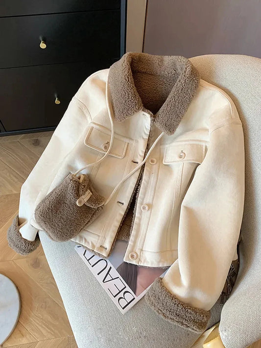 Wildleder Samt Lamm Jacke Frauen Herbst Winter Dicke Warme Turndown Kragen Mantel Y2K Lose Streetwear Alle Spiel Langarm Outwear