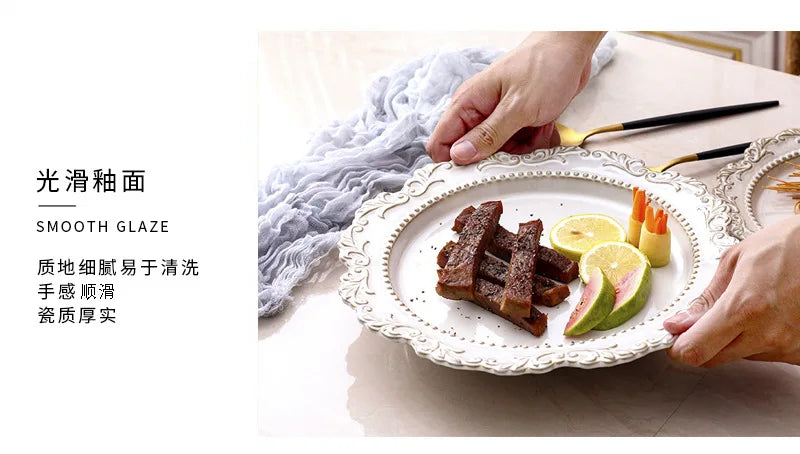 French Baroque Retro Relief Court Style Ceramic Dinner Plate European Tableware Western Food Plate Soup Plate Bowl Set.