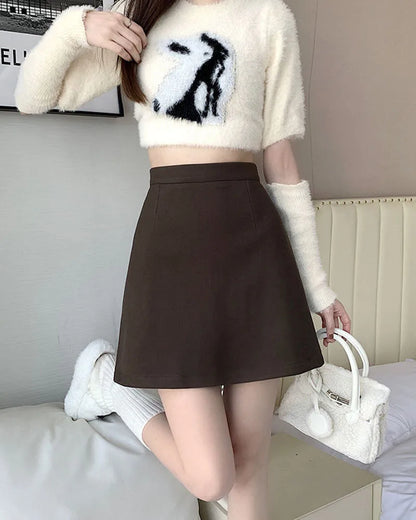 Autumn Winter Womens Woolen Skirt 2024 New Korean Style High Waist Bodycon Mini Skirts Ladies College Style Zipper A-Line Skirt.