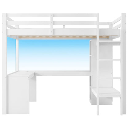 Modernes Kinder-Hochbett 140 x 200 mit Multifunktionsregalen, Unterbett-Schreibtisch, LED-Licht und USB, Kleiderschrank mit Stauraum, für Schlafzimmer