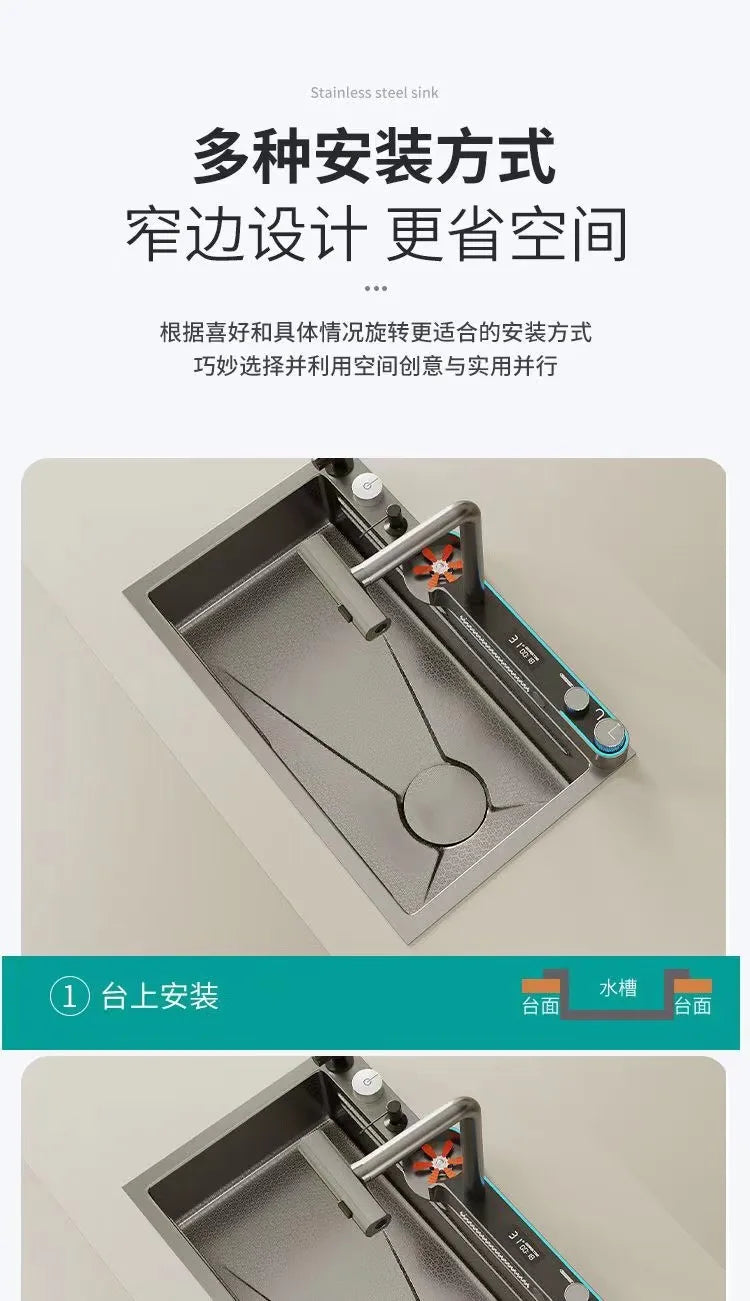 Digitalanzeige, Wasserfall, Einzelschlitz, Nano-Spüle aus Edelstahl 304, Geschirrspülen, Küche, multifunktionales Gemüsewaschbecken