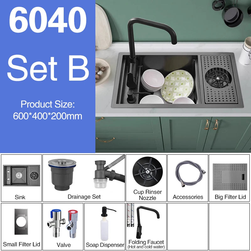 ASRAS Nano Black Small Size Kitchen Sink Cup Washer Hidden Bar Counter Cover Concealed Single Bowl Sinks With Lifting Faucet