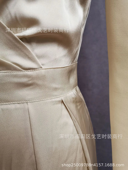 Summer Women's Sexy Sleeveless Spaghetti Jumpsuit Fashion Elegant Commuter High Waist Wide Leg Solid Color Casual Floor Pants