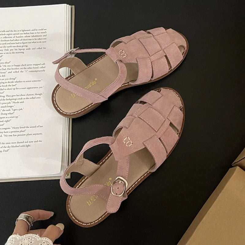 DIMANYU Women's Roman Sandals 2023 Summer New Flat Retro Real Leather Ladies Sandals Hollowed Women's Cage Shoes.