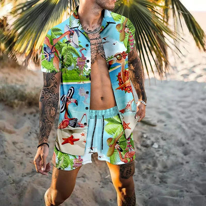 Hawaiian Men Cardigan 2Pcs Sets Summer 3D Print Short Sleeve Button Shirts Beach Shorts Holiday Men's Daily Two Piece Suit.