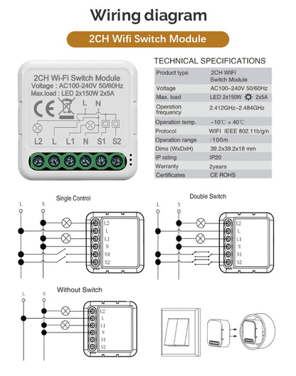 Tuya DIY Breaker Wifi Smart Light Switch Modul 10A 100-240V Zwei-Wege App Fernbedienung Arbeit mit Alexa Google Home 1/2/3/4Gang.