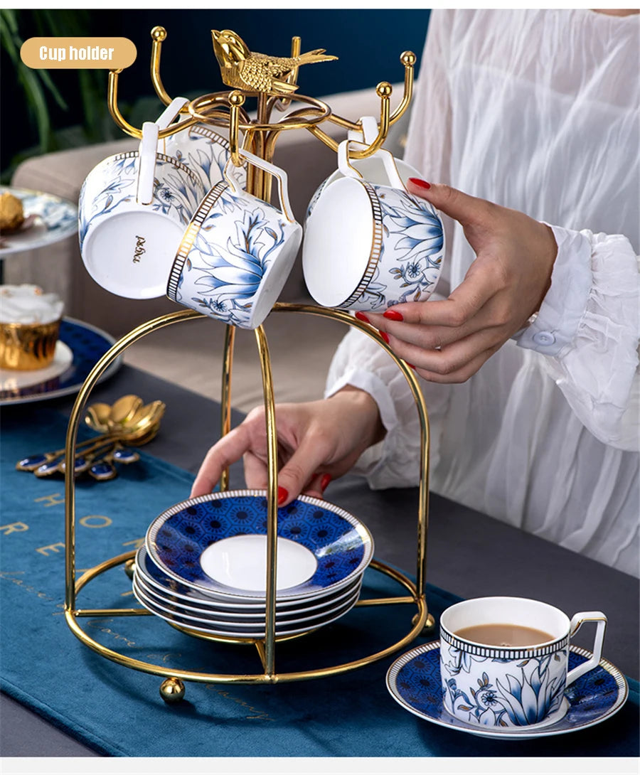 Elegant Cup and Saucer Set Bone China Sugar Jar Milk Jug Coffee Pot Set Cyan Magnolia Home English Mug Teaset Dessert Plate.