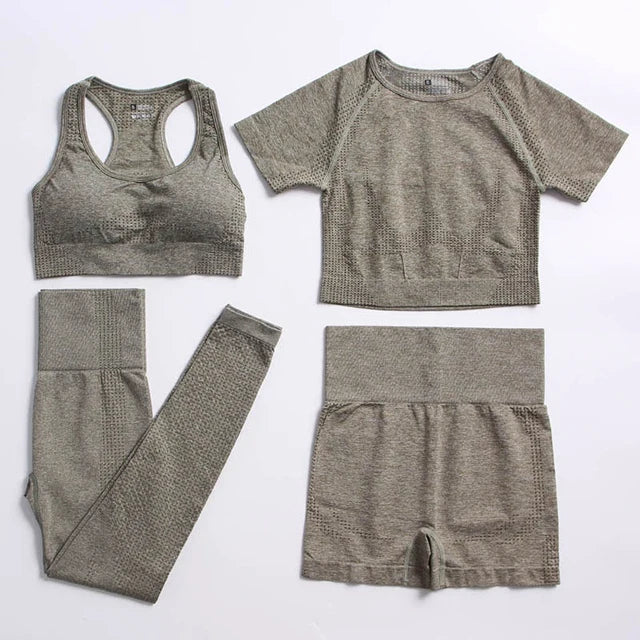 2/4PCS Summer Seamless Yoga Set Women Workout Clothes Sports Bra Short Sleeve Crop Top High Waist Legging Fitness Sports Suits