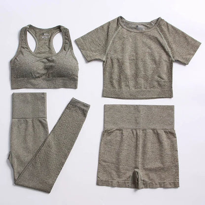 2/4PCS Summer Seamless Yoga Set Women Workout Clothes Sports Bra Short Sleeve Crop Top High Waist Legging Fitness Sports Suits