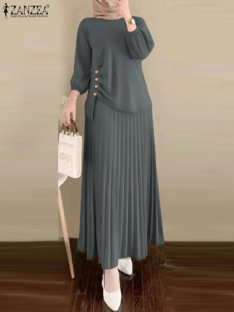 2025 ZANZEA 2PCS Autumn Outfits Casual Long Sleeve Tops Dress Suit Elegant Women 2 Piece Sets Muslim Tracksuits OL Matching Sets.