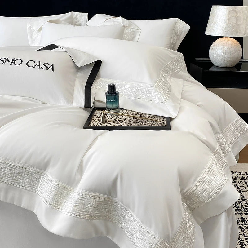 100% Egyptian Cotton White Luxury Embroidery Hotel Style Bedding Set Duvet Cover Set Flat/Fitted Bed Sheet Pillowcases 4Pcs.